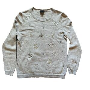 TALBOTS MP Pure Merino Wool Grey Rhinestone Crown Embellished Pullover Sweater